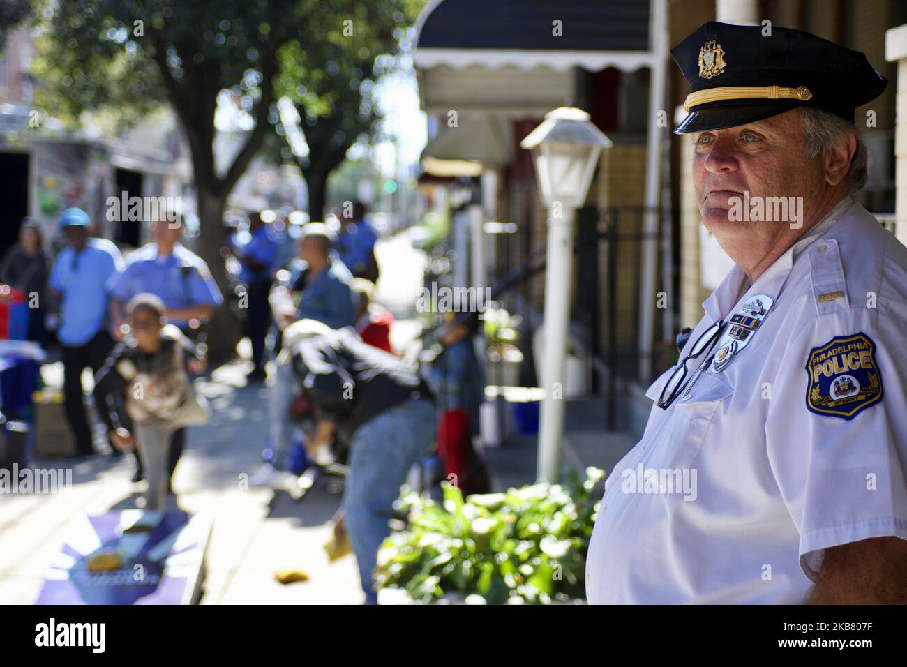 Police officers interact with youth from the community during a block party on Sunday October 5, 2019 at the site of the August Police shooting and hours long stand off that followed, in the Nicetown-Tioga section of Philadelphia, PA. (Photo by Bastiaan Slabbers/NurPhoto) Stock Photo