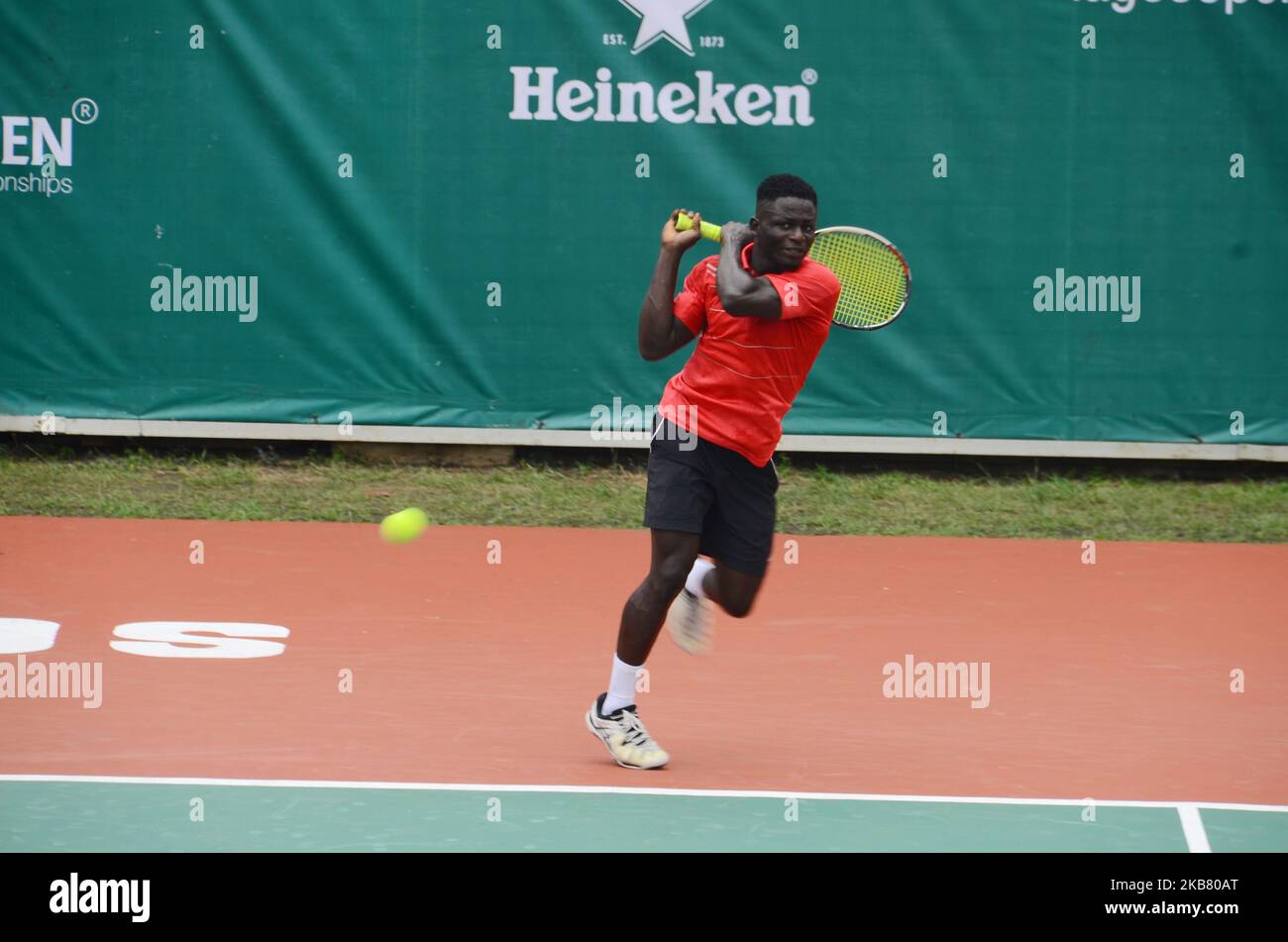 Augustine Stephen (NGA) plays against Alexey Dubinin (RUS) during their 1R Qualifying match at Lagos Open 2019 on 7th October 2019 in Lagos, Nigeria. (Photo by Olukayode Jaiyeola/NurPhoto) Stock Photo