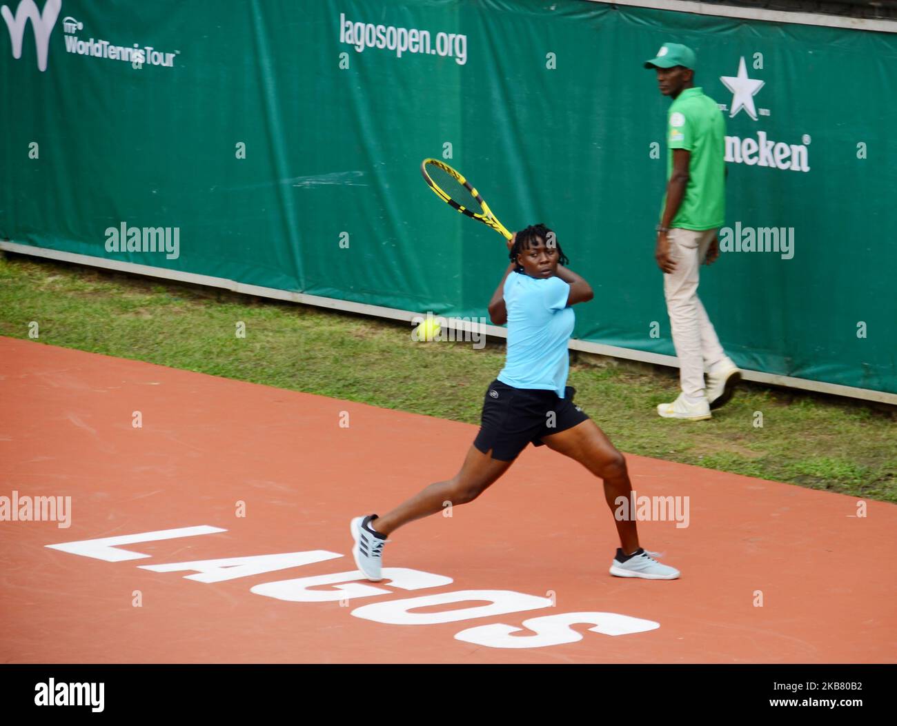 Peace Peace Udoh (NGA) plays against Blessing Samuel (NGA) during their 1R Qualifying match at Lagos Open 2019 on 7th October 2019 in Lagos, Nigeria. (Photo by Olukayode Jaiyeola/NurPhoto) Stock Photo