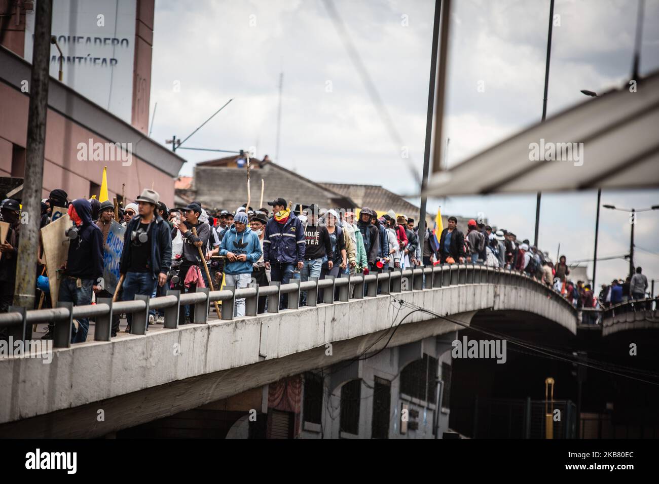 Indigenous communities join demonstrators near the Presidential Palace of Carondelet during protests against the end of subsidies to gasoline and diesel announced by President Lenin Moreno's government on October 9, 2019 in Quito, Ecuador. (Photo by Rafael Rodriguez/NurPhoto) Stock Photo