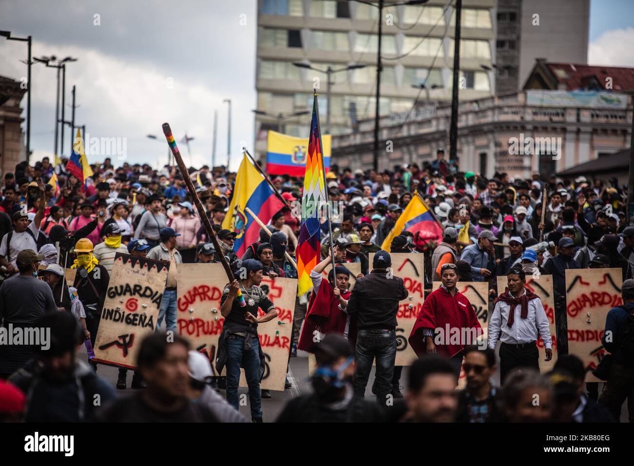 Indigenous communities join demonstrators near the Presidential Palace of Carondelet during protests against the end of subsidies to gasoline and diesel announced by President Lenin Moreno's government on October 9, 2019 in Quito, Ecuador. (Photo by Rafael Rodriguez/NurPhoto) Stock Photo