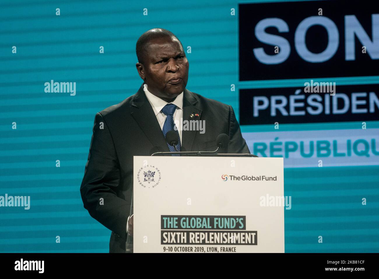 The President of the Central African Republic Faustin-Archange Touadéra delivered a speech at the fundraising day at the sixth World Fund Conference in Lyon, France, on 10 October 2019. (Photo by Nicolas Liponne/NurPhoto) Stock Photo