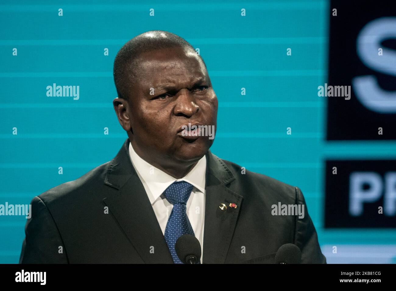 The President of the Central African Republic Faustin-Archange Touadéra delivered a speech at the fundraising day at the sixth World Fund Conference in Lyon, France, on 10 October 2019. (Photo by Nicolas Liponne/NurPhoto) Stock Photo