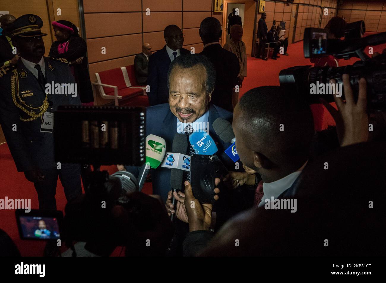 Cameroon's President Paul Biya answers journalists' questions during the fundraising day at the sixth World Fund Conference in Lyon, France, on 10 October 2019. (Photo by Nicolas Liponne/NurPhoto) Stock Photo