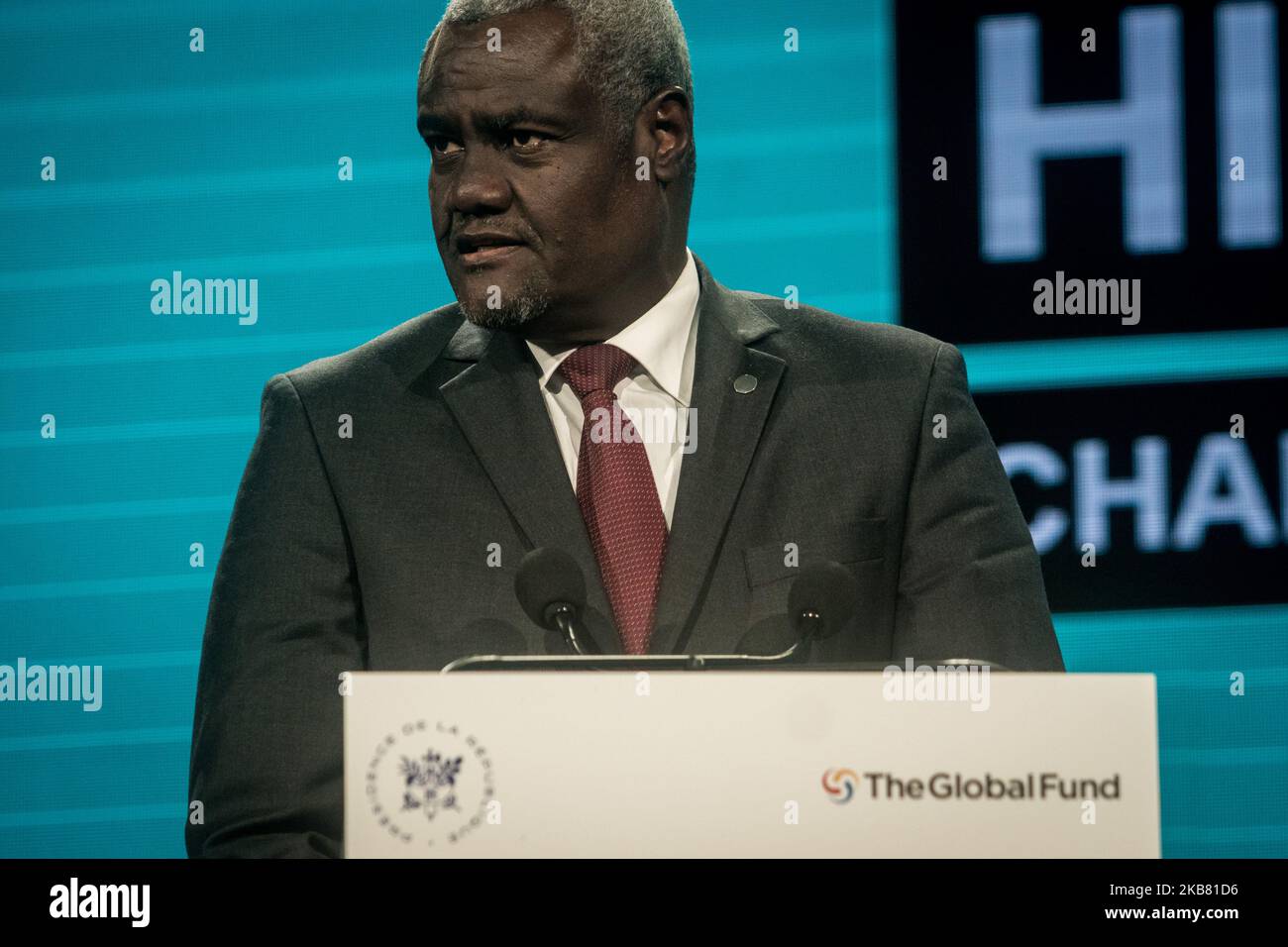 African Union Commission President Moussa Faki Mahamat delivers a speech at the fundraising day at the sixth World Fund Conference in Lyon, France, on 10 October 2019. (Photo by Nicolas Liponne/NurPhoto) Stock Photo