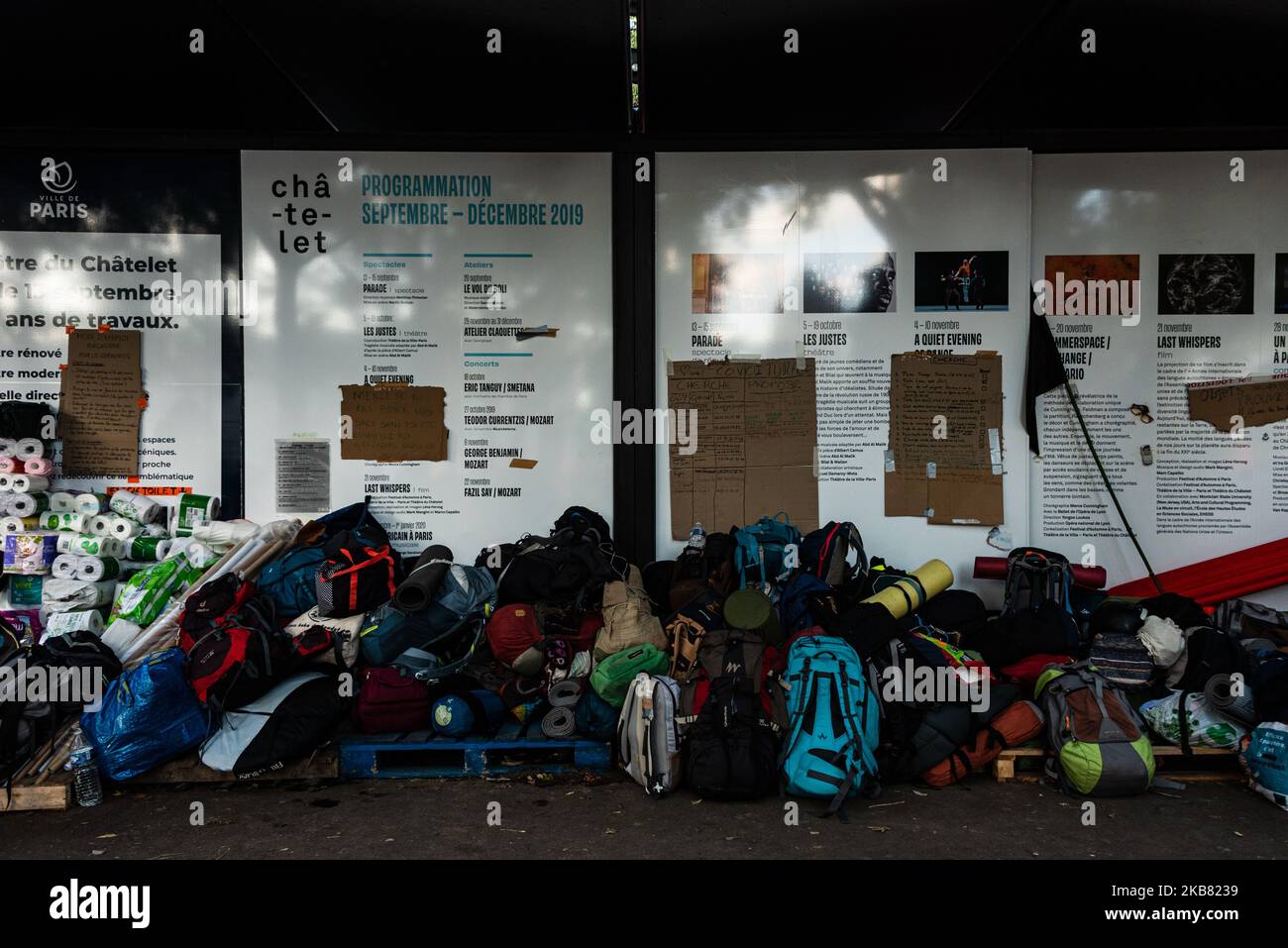 The backpacks of the Extinction Rebellion activists are crammed under one of the central shelters in Place du Chatelet on Thursday, Oct. 10, 2019, as hundreds of activists from the international Extinction Rebellion movement are currently participating in a global awareness movement. to climate change by occupying in Paris the place of Chatelet and the bridge to the change one began their fourth day of occupation of these places. For the occasion and in the face of the inactivity of the governments they enlarged the area of the makeshift camp occupying also the street of Rivoli located nearby, Stock Photo