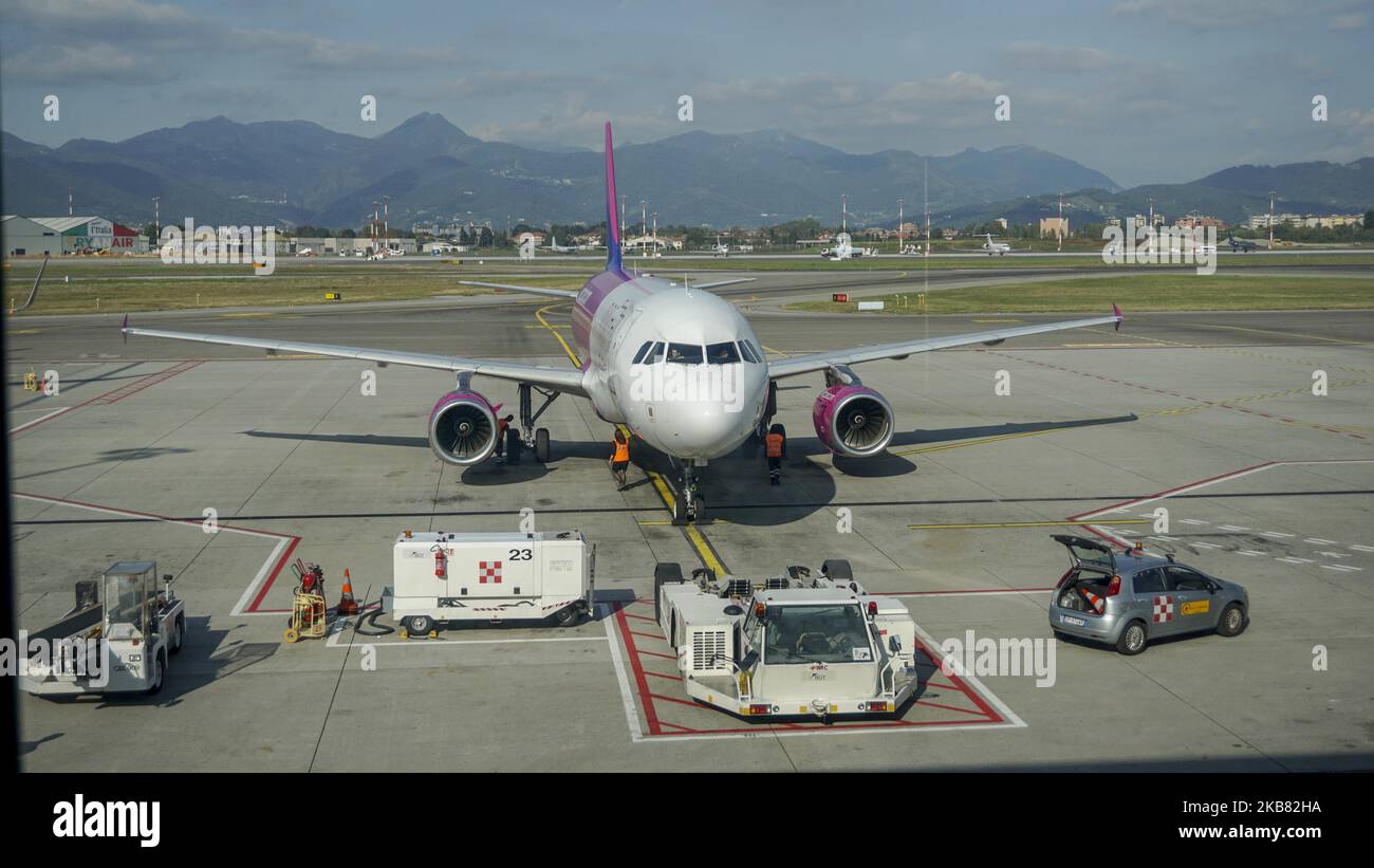 Wizz Air Airbus 320 is pictured at Milan Bergamo airport in Milan , Italy on 10 October 2019. (Photo by Giannis Alexopoulos/NurPhoto) Stock Photo