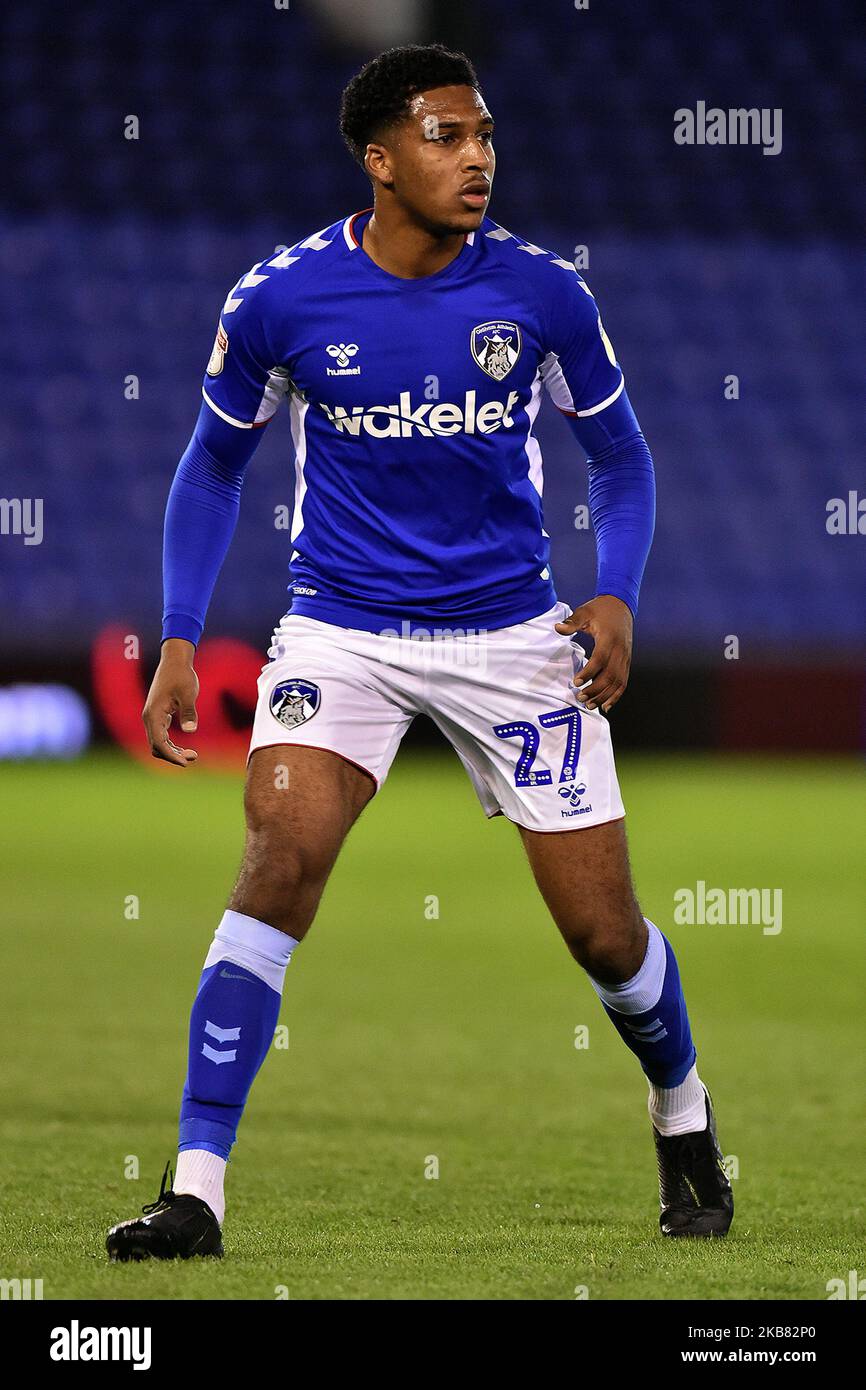 Oldham's Kielen Adams in action during the Leasing.com Trophy match between Oldham Athletic and Accrington Stanley at Boundary Park, Oldham on Tuesday 8th October 2019. (Photo by Eddie Garvey/MI News/NurPhoto) Stock Photo