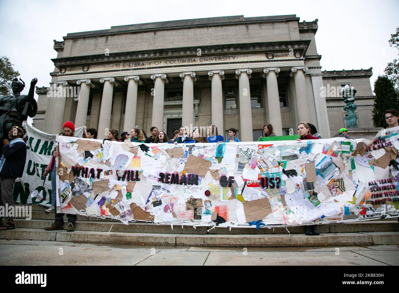 Students and activists occupied the Low Memorial Library at Columbia University on October 2019 in New York, US, 10 to urge staff and alumni to take concrete action to address the impending climate crisis. This action comes as Global Extinction Rebellion protests have erupted worldwide using nonviolent direct action and peaceful civil disobedience to disrupt business-as-usual to urge government officials, media organizations, and universities to act to save the climate. (Photo by Karla Ann Cote/NurPhoto) Stock Photo