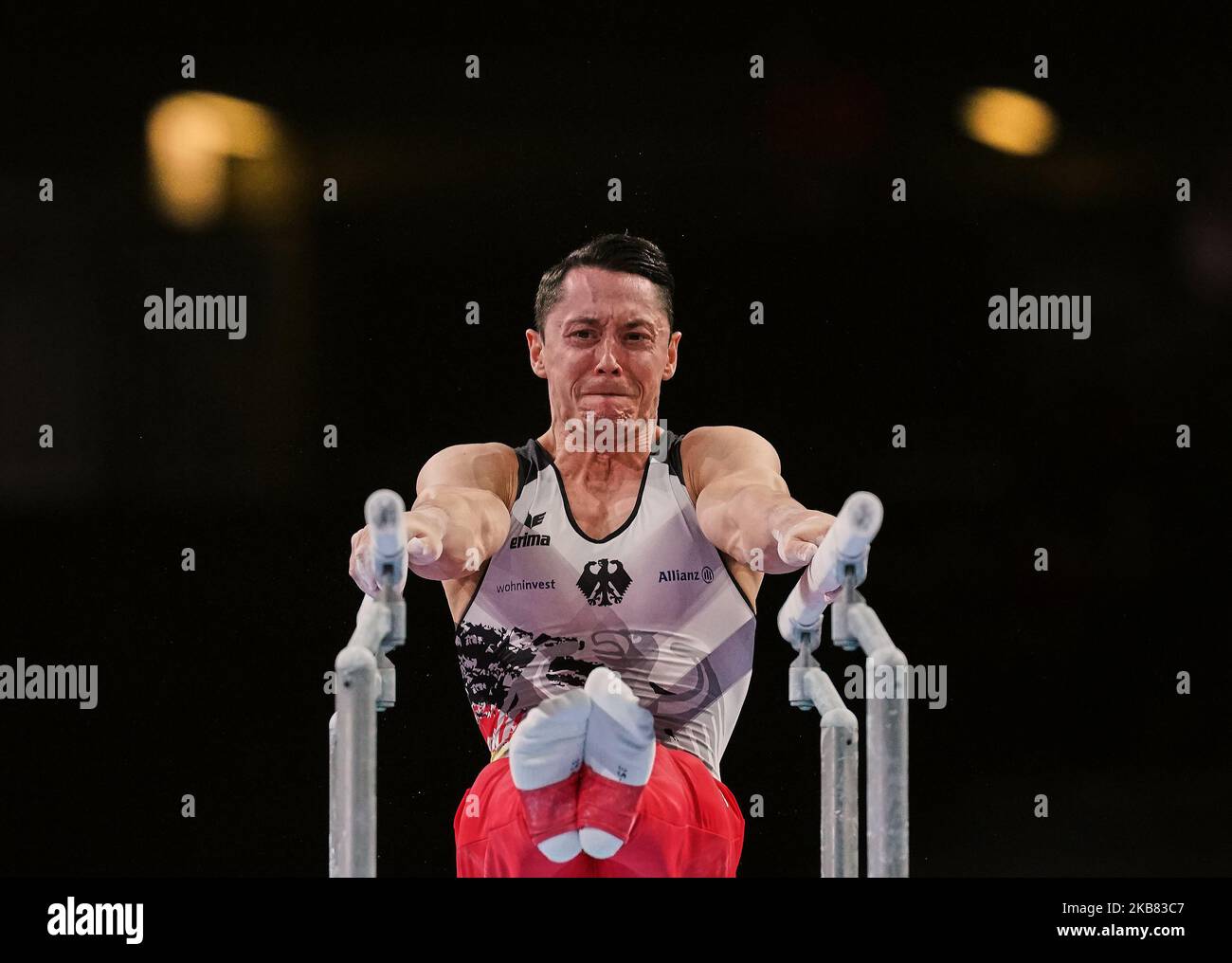 Andreas Toba of Germany during parallel bars for men at the 49th FIG Artistic Gymnastics World Championships in Hanns Martin Schleyer Halle in Stuttgart, Germany on October 11, 2019. (Photo by Ulrik Pedersen/NurPhoto) Stock Photo