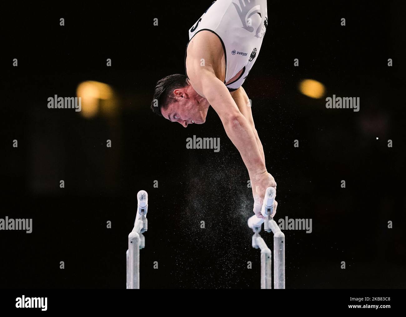 Andreas Toba of Germany during parallel bars for men at the 49th FIG Artistic Gymnastics World Championships in Hanns Martin Schleyer Halle in Stuttgart, Germany on October 11, 2019. (Photo by Ulrik Pedersen/NurPhoto) Stock Photo