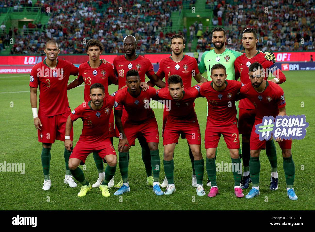 Portugal's starter team before the Euro 2020 qualifier football match between Portugal and Luxembourg at the Jose Alvalade stadium in Lisbon, Portugal on October 11, 2019. (Photo by Pedro FiÃºza/NurPhoto) Stock Photo