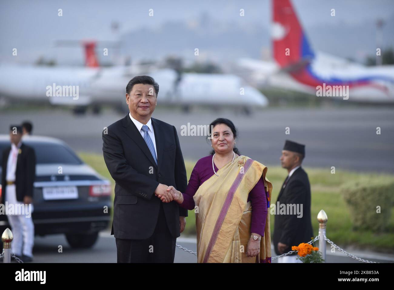 Nepalese President Bidhya Devi Bhandari welcome her counterpart Chinese President Xi Jinping as arrive for a two-day state visit in Kathmandu, Nepal on Saturday, October 12, 2019 (Photo by Narayan Maharjan/NurPhoto) Stock Photo