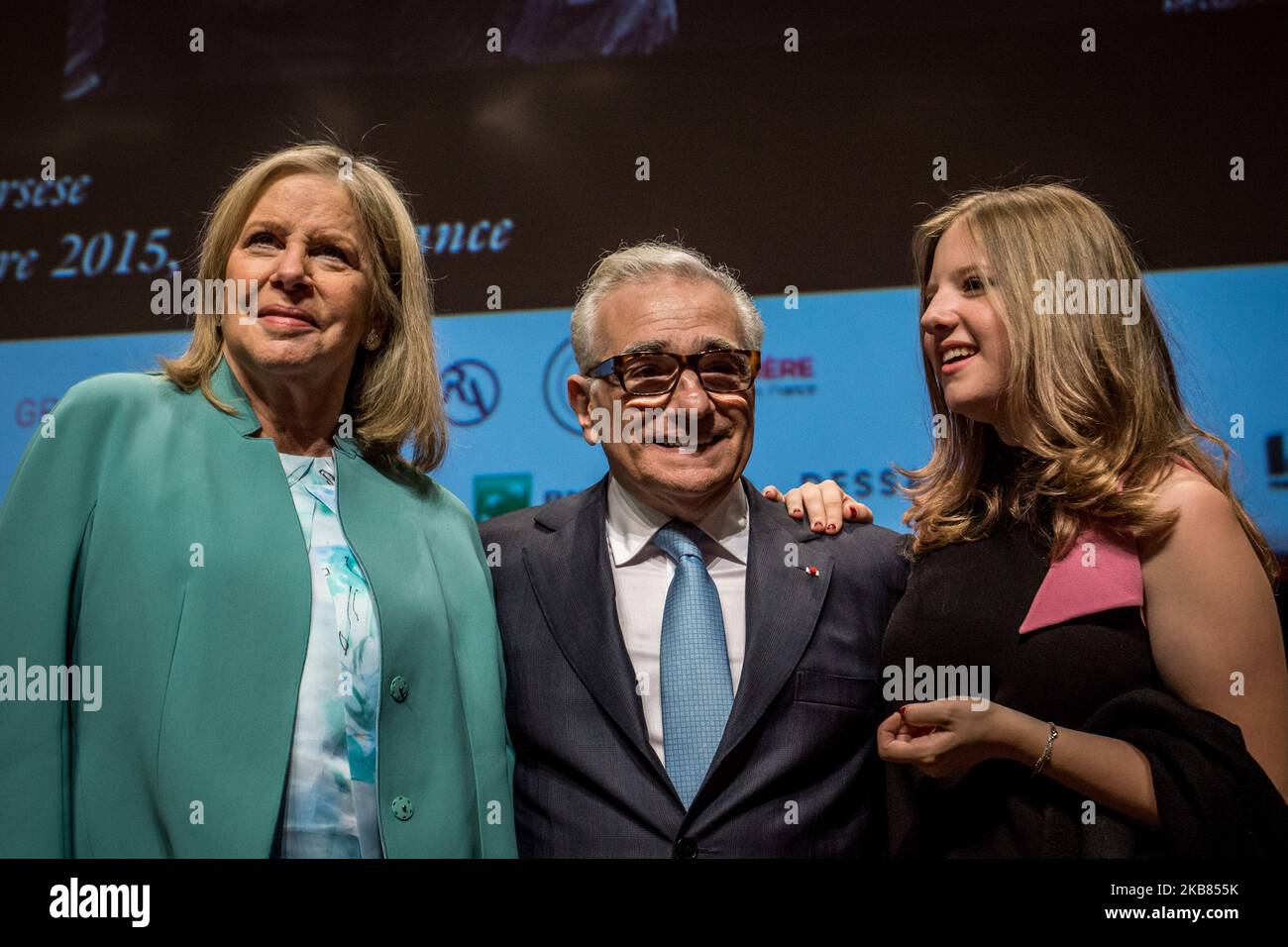 (L-) Helen Morris, Martin Scorsese, Francesca Scorsese during the Lumiere Prize in Lyon, France, on 16 October 2015. (Photo by Nicolas Liponne/NurPhoto) Stock Photo