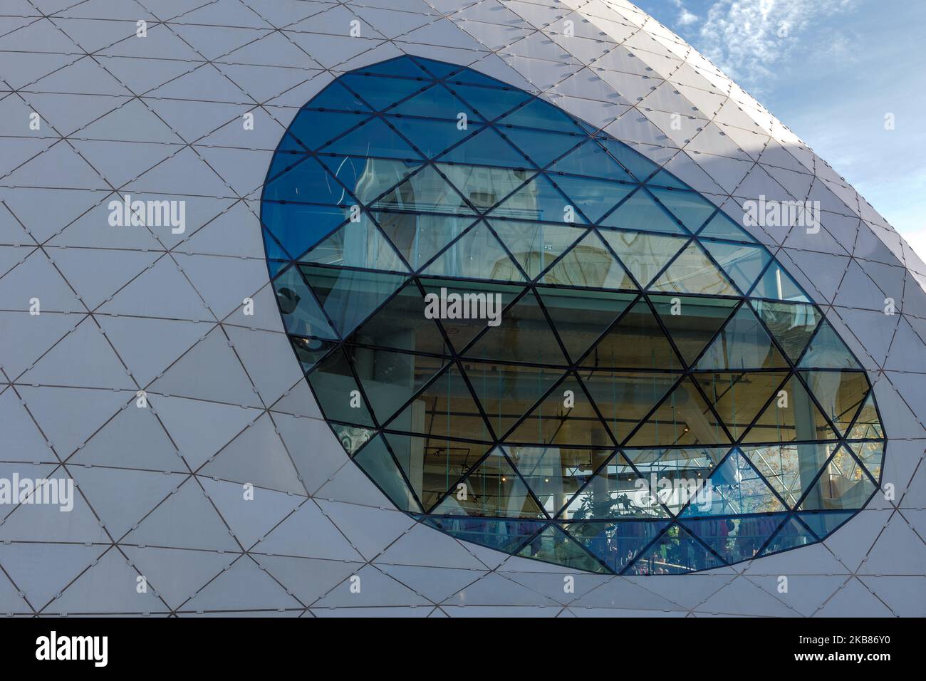 Exterior sunny view of Blob iconic architecture with triangular geometric pattern facade. Stock Photo