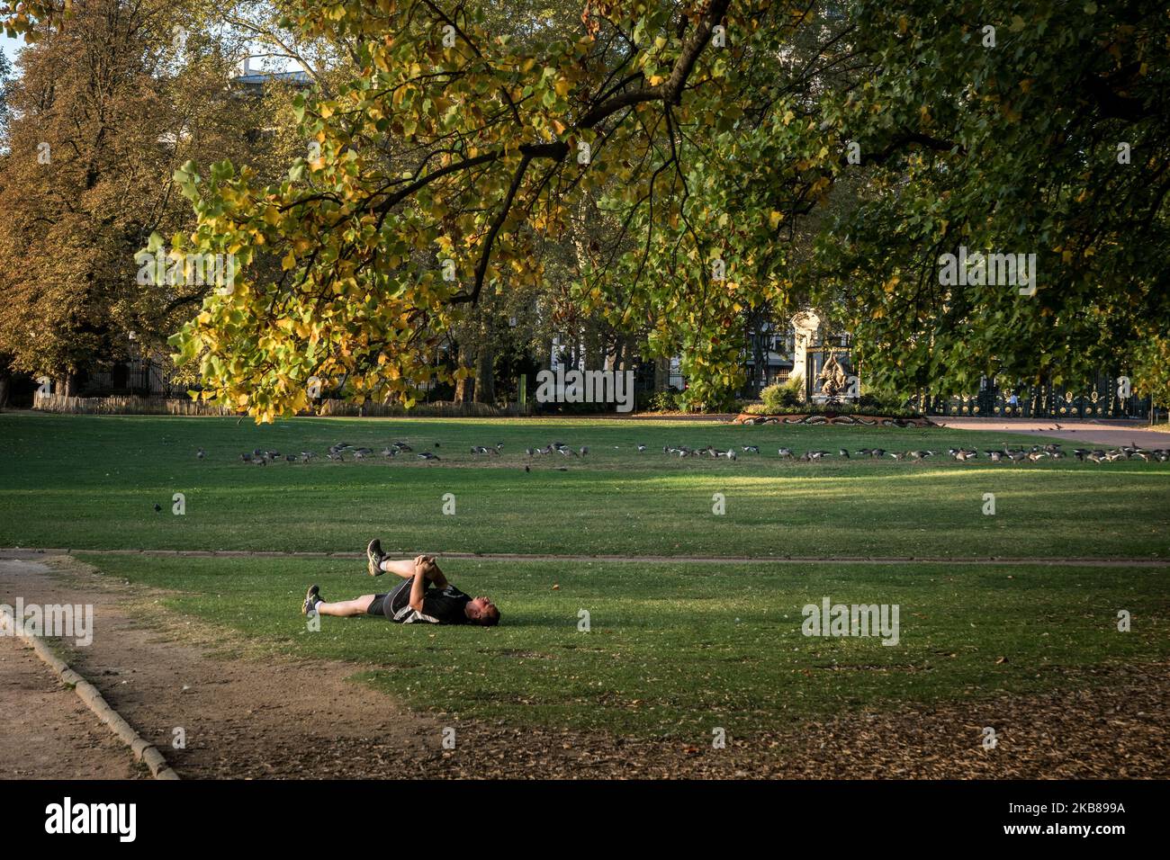 A man stretches after his jogging at the Tête d'Or park in Lyon, France, on October 14, 2019. (Photo by Nicolas Liponne/NurPhoto) Stock Photo