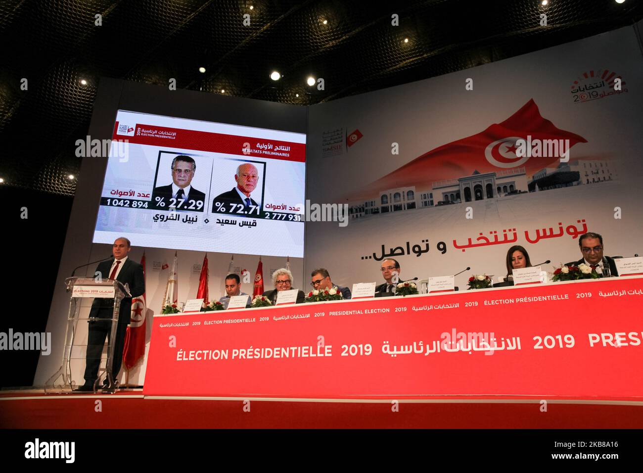 Portraits of presidential candidates Kais Saied and Nabil Karoui screened during a press conference held by the Independent High Authority for Elections (ISIE), to announce the official preliminary results of the presidential election runoff in Tunis, Tunisia, on October 14, 2019. Kais Saied, is ranked first in official results with 72,71 %, Nabil Karoui is ranked second with 27,29 %. (Photo by Chedly Ben Ibrahim/NurPhoto) Stock Photo