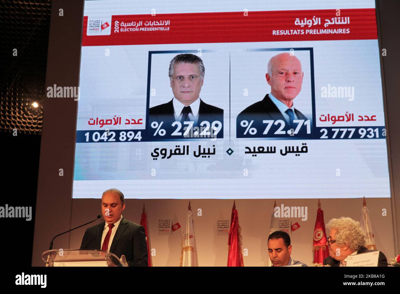 Portraits of presidential candidates Kais Saied and Nabil Karoui screened during a press conference held by the Independent High Authority for Elections (ISIE) in Tunis, Tunisia, on October 14, 2019, to announce the official preliminary results of the presidential election runoff in Tunis, Tunisia, on October 14, 2019. Kais Saied, is ranked first in official results with 72,71 %, Nabil Karoui is ranked second with 27,29 %. (Photo by Chedly Ben Ibrahim/NurPhoto) Stock Photo