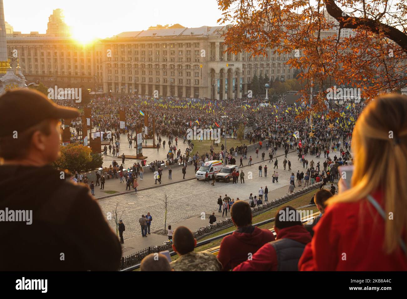 People attend a rally against surrender in Kyiv, Ukraine, October 14, 2019. Several Thousand Ukrainians attend the March Against Capitulation and Surrender of State Interests on October 14, when Ukraine marks the Day of Defender. (Photo by Sergii Kharchenko/NurPhoto) Stock Photo