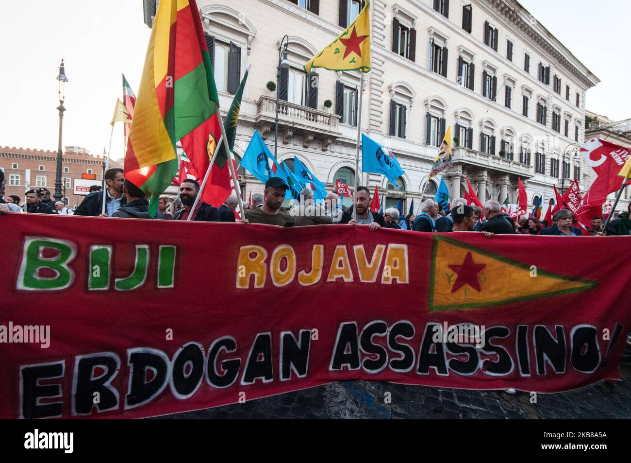 Demonstration in Rome in Piazza Sant'Apostoli by the trade unions Cgil Cisl and Uil to 'express their deep concern about the bombing of the Kurdish population in northern Syria and the entry of Turkish troops into Syria against the Kurdish people on October 14, 2019 in Rome, Italy. (Photo by Andrea Ronchini/NurPhoto) Stock Photo