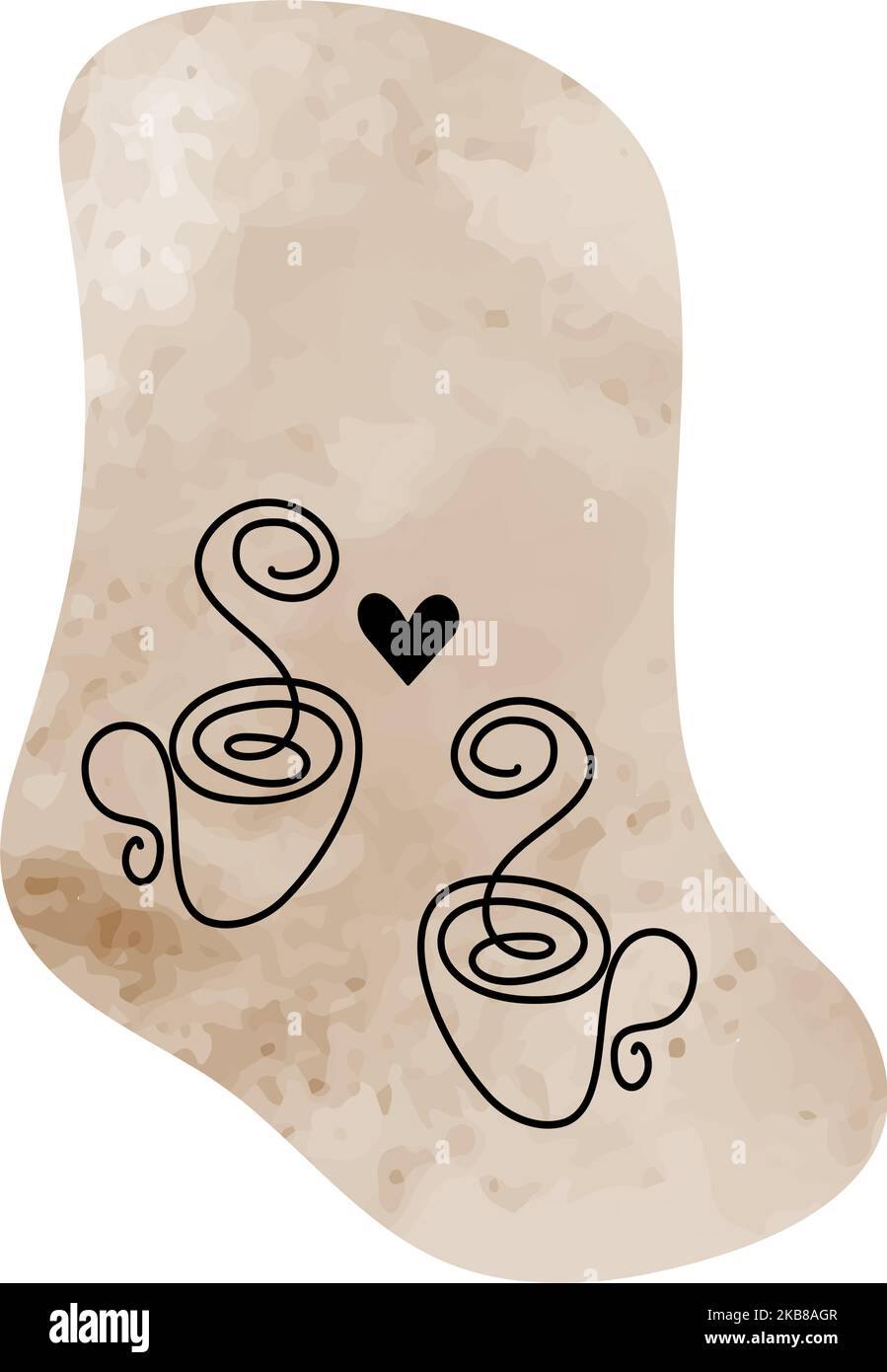Solid continuous contour drawing of a cup with flowing steam and heart shape against a textured coffee stain background. Isolate. Vector. EPS. Good for fabric or napkin, menu, banner, brochure, poster Stock Vector