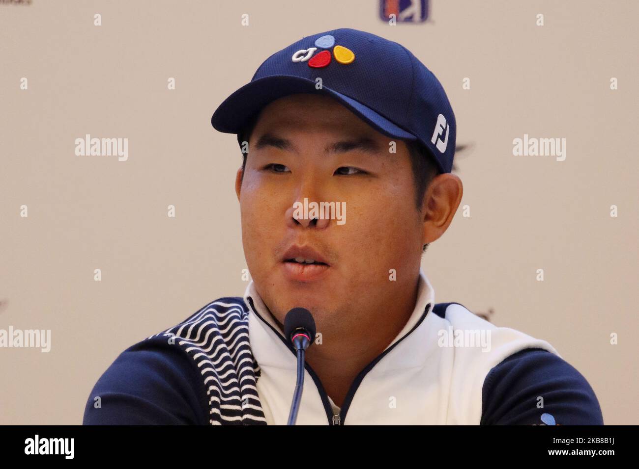 Byeong Hun Ahn of South Korea attend official interview at media center of Nine Bridge golf Club in Jeju, South Korea, on October 15, 2019. The CJ Cup Nine Bridges is every October held on PGA Tour Match. (Photo by Seung-il Ryu/NurPhoto) Stock Photo