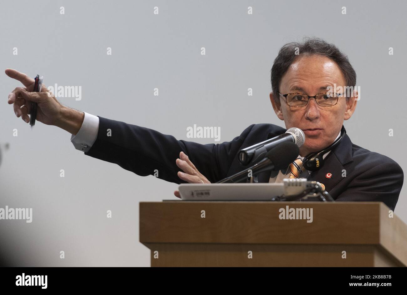 Governor of Okinawa Denny Tamaki speaks at Stanford University in Stanford, California on October 14, 2019. Governor Tamaki talks about the issue of U.S. military presence in Okinawa, Japan. (Photo by Yichuan Cao/NurPhoto) Stock Photo