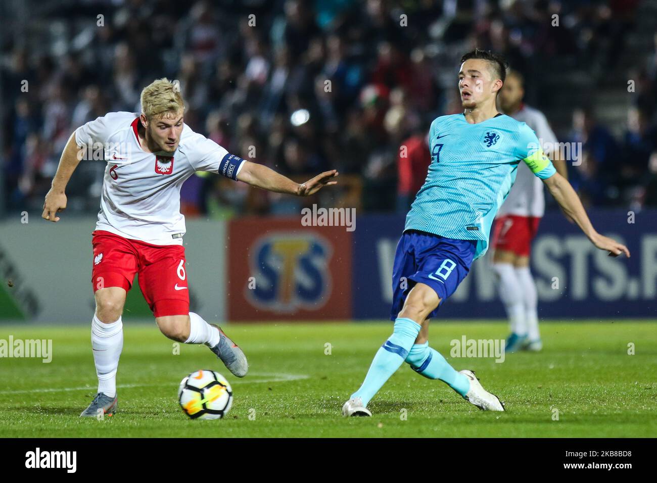 Tomasz Makowski (POL) vies Jordy Wehrmann (NED) during Elite League U21 football match between Poland U20 and Netherlands U20 on 14 October 2019 in Kalisz, Poland. (Photo by Foto Olimpik/NurPhoto) Stock Photo
