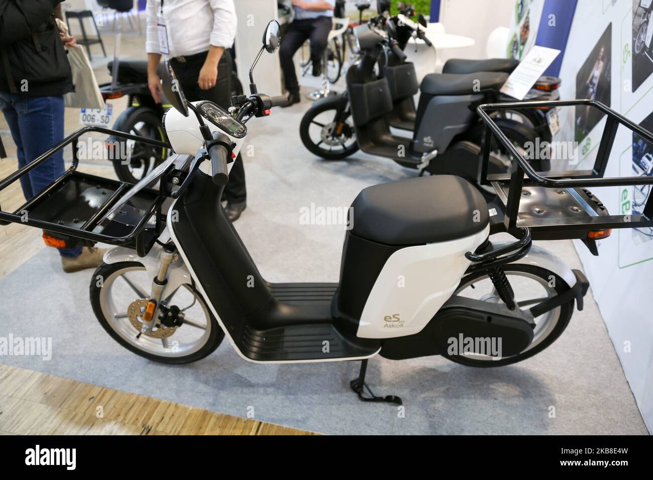 The Italian manufacturer Askoll exhibits an electric scooter eS pro at the Autonomy and Urban Mobility show, in Paris on October 16, 2019. (Photo by Michel Stoupak/NurPhoto) Stock Photo
