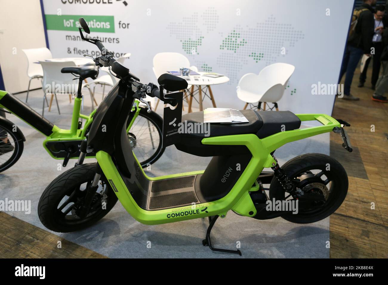The Estonian manufacturer Comodule exhibits a connected electric scooter at the Autonomy and Urban Mobility show, in Paris on October 16, 2019. (Photo by Michel Stoupak/NurPhoto) Stock Photo