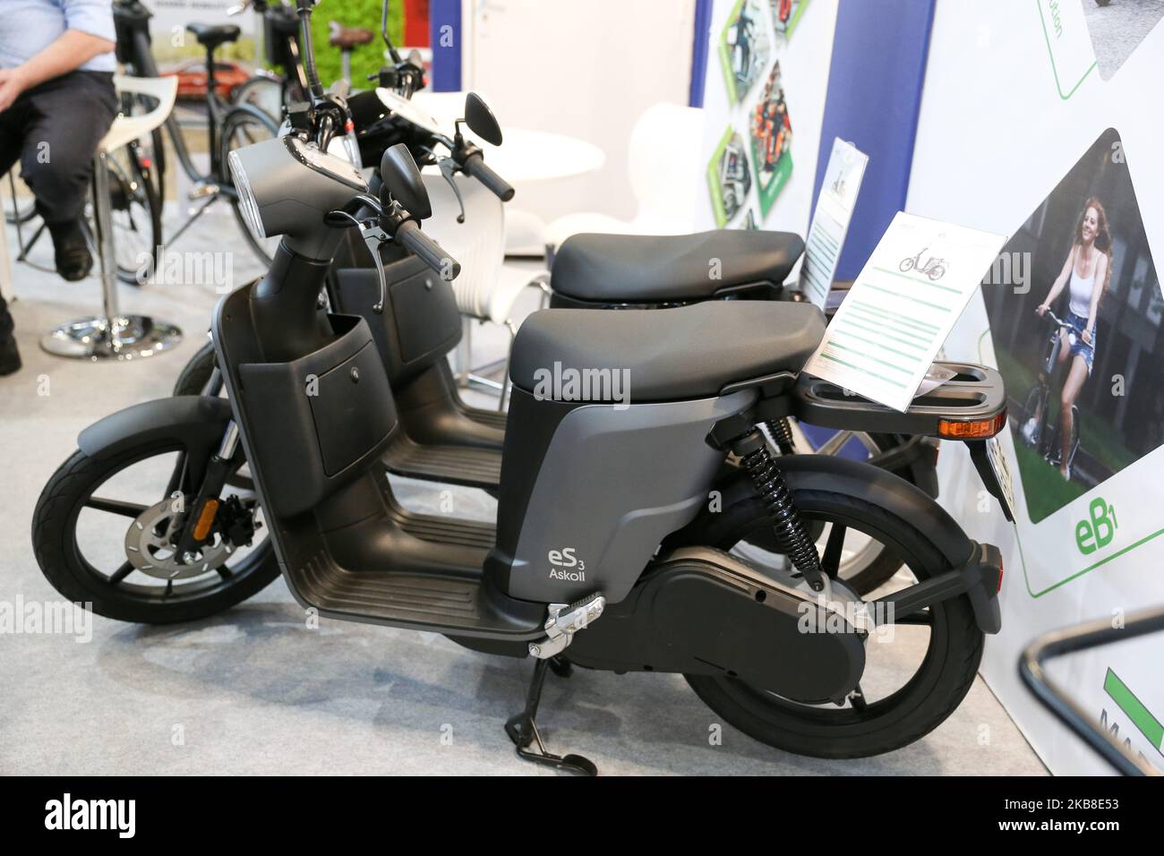 The Italian manufacturer Askoll exhibits an electric scooter eS3 at the Autonomy and Urban Mobility show, in Paris on October 16, 2019. (Photo by Michel Stoupak/NurPhoto) Stock Photo