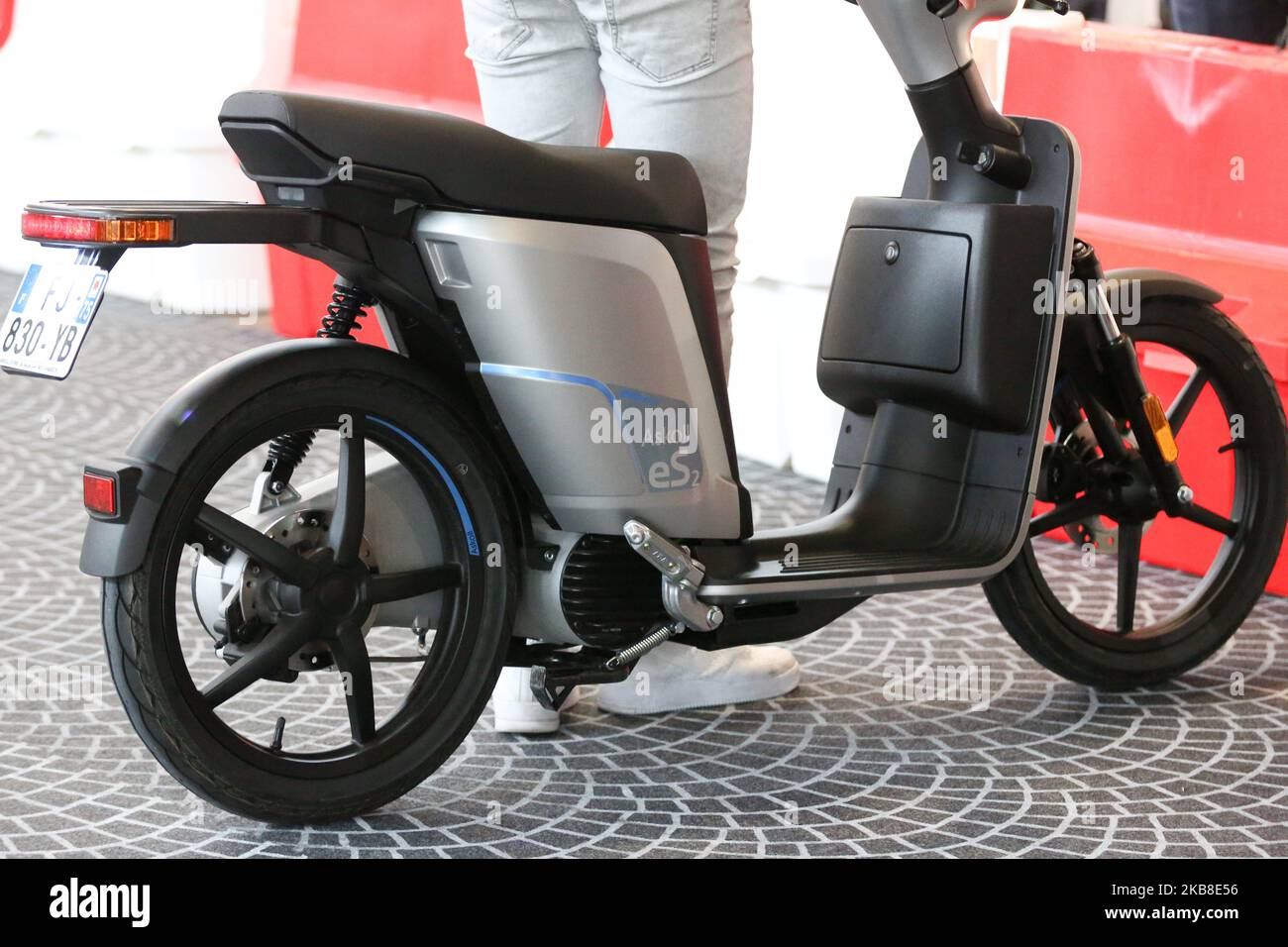 The Italian manufacturer Askoll exhibits an electric scooter eS2 at the Autonomy and Urban Mobility show, in Paris on October 16, 2019. (Photo by Michel Stoupak/NurPhoto) Stock Photo
