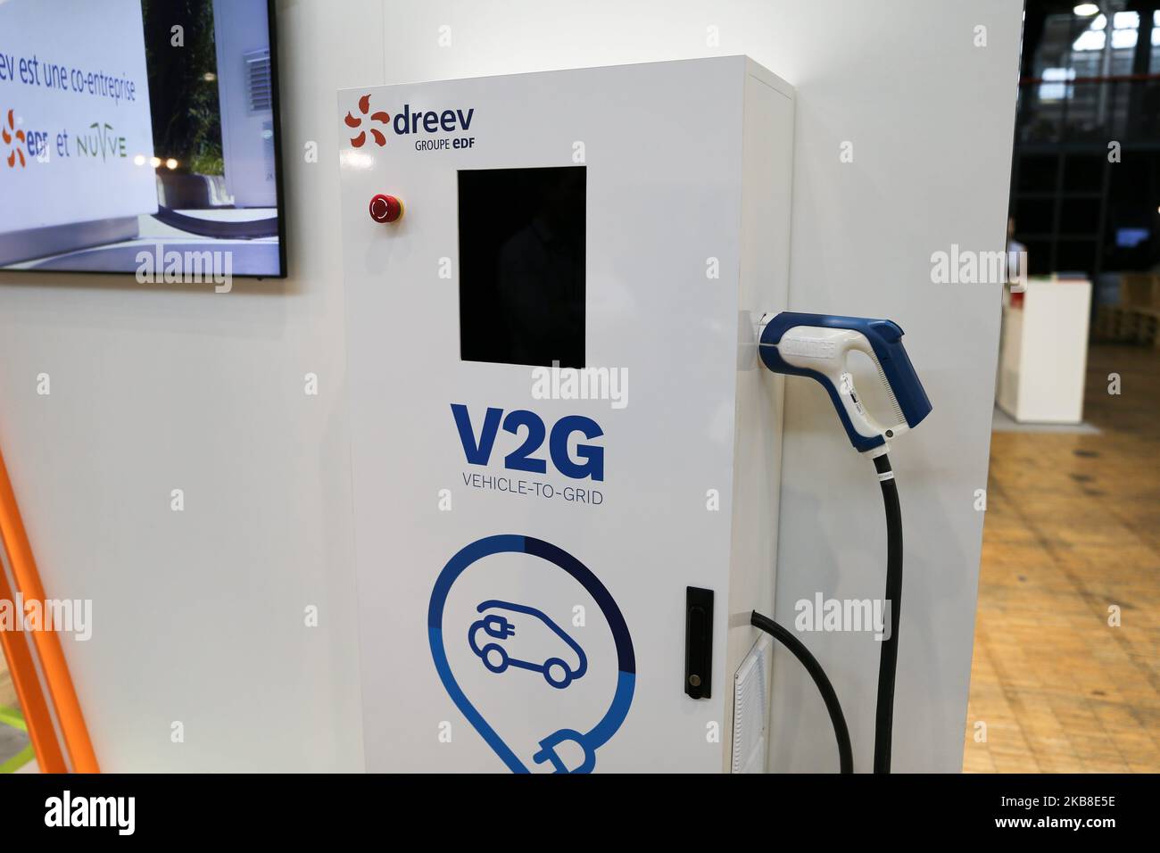 The French company EDF exhibits a charging terminal Dreev V2G for electric vehicles at the Autonomy and Urban Mobility show, in Paris on October 16, 2019. (Photo by Michel Stoupak/NurPhoto) Stock Photo