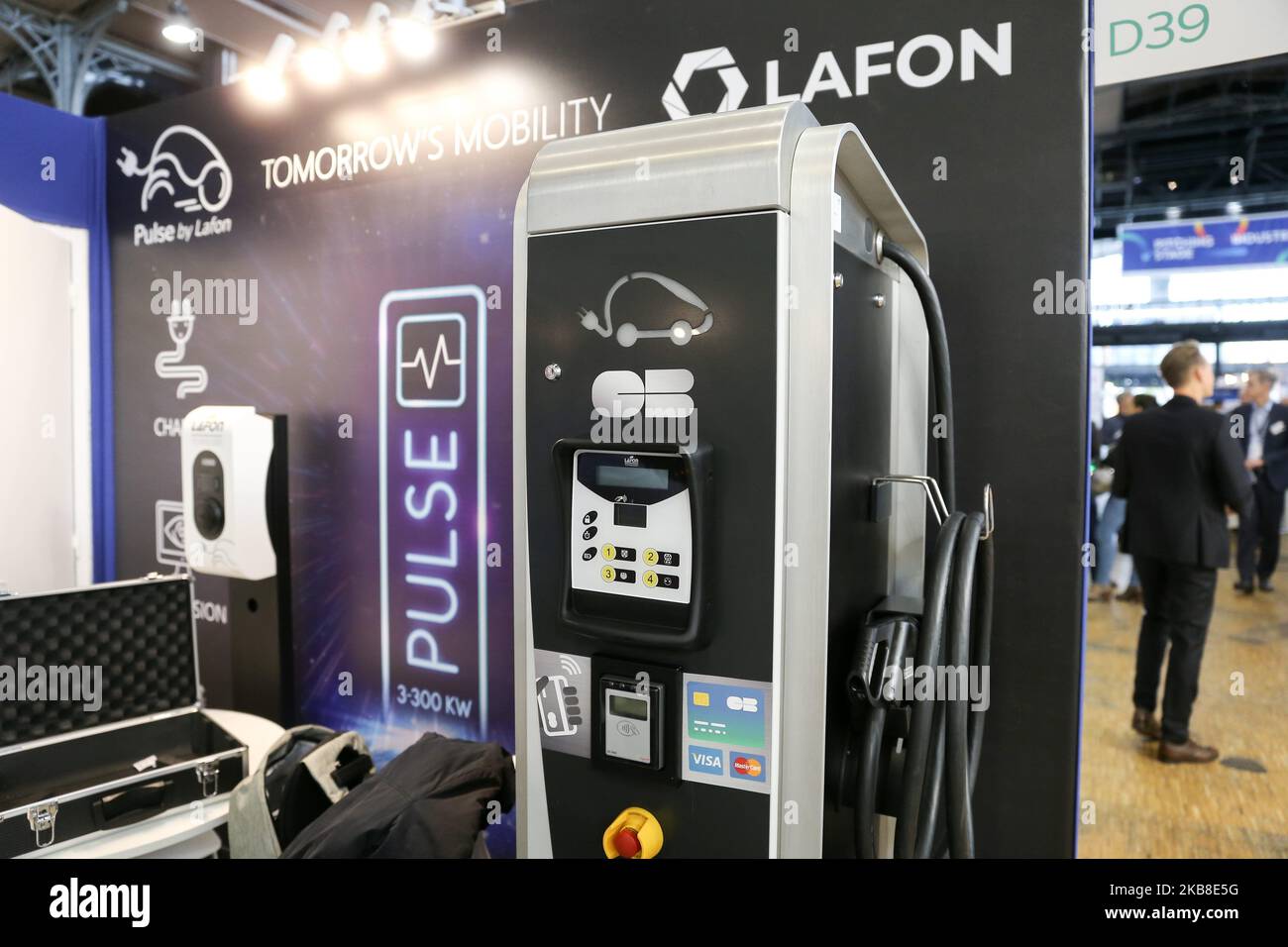 The French manufacturer Lafon Technologies exhibits a charging terminal for electric vehicles at the Autonomy and Urban Mobility show, in Paris on October 16, 2019. (Photo by Michel Stoupak/NurPhoto) Stock Photo