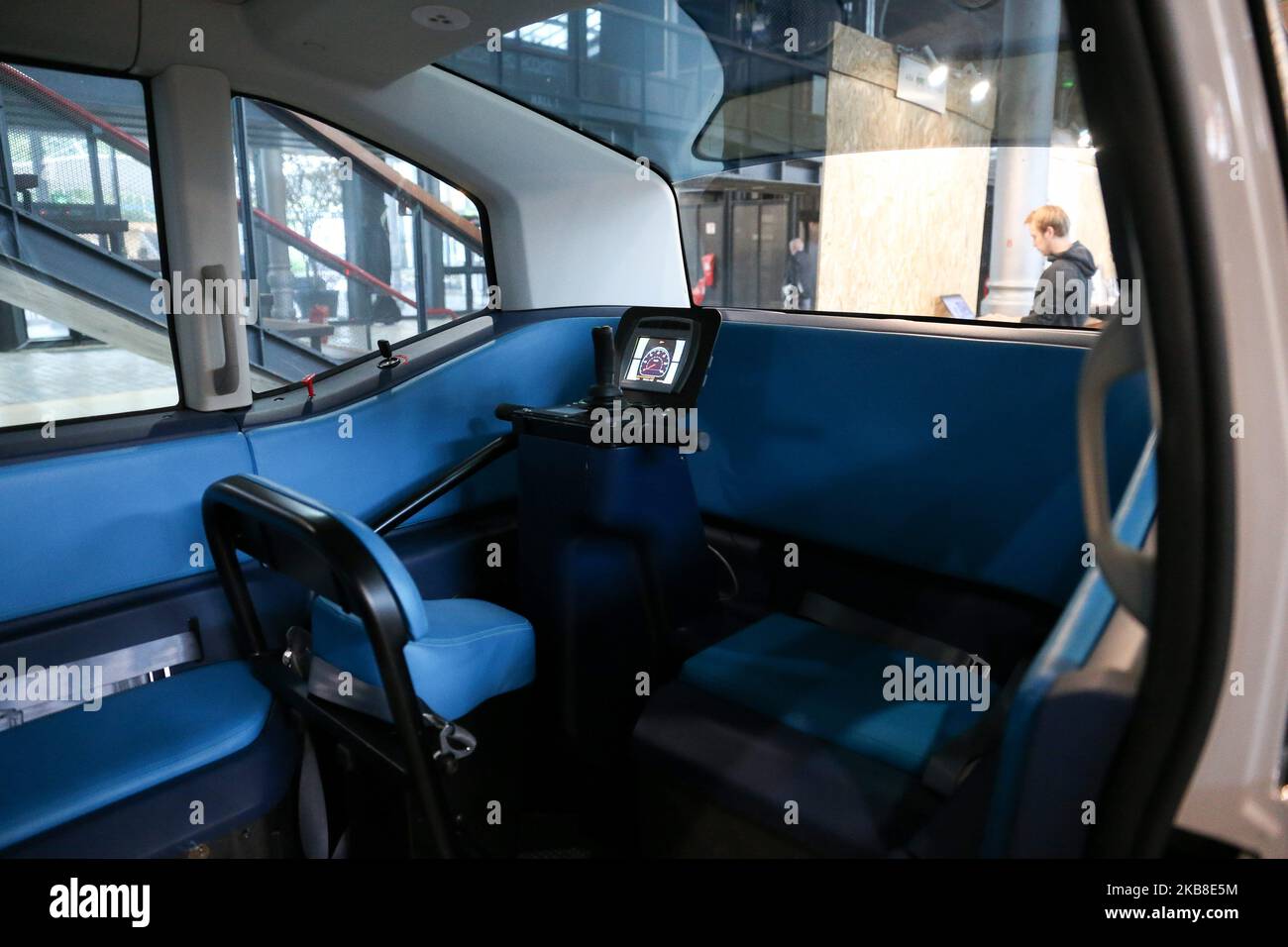 The French company Milla Group EDF exhibits an electric autonomous shuttle Mobility POD at the Autonomy and Urban Mobility show, in Paris on October 16, 2019. (Photo by Michel Stoupak/NurPhoto) Stock Photo