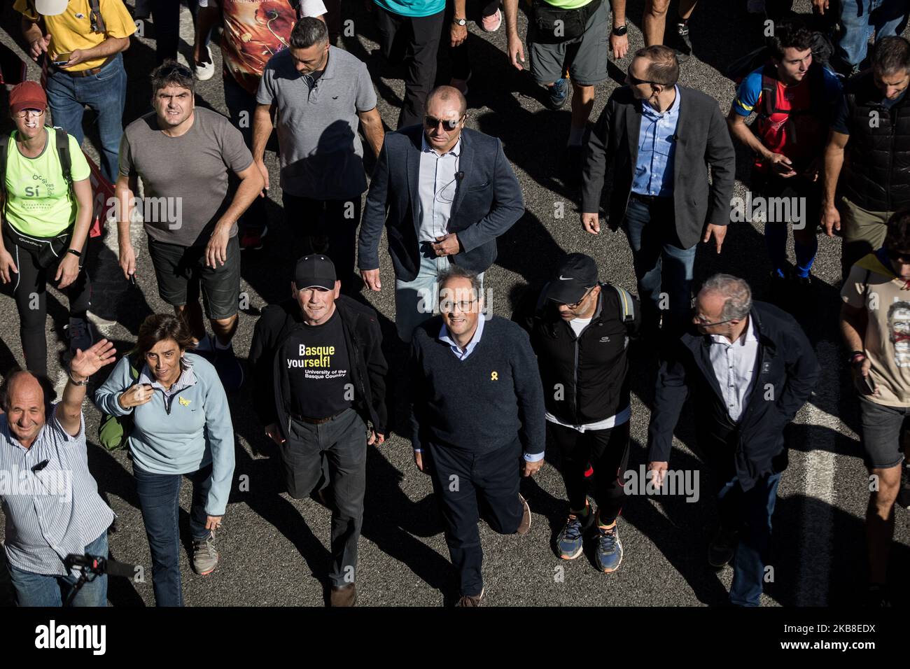 Juan Jose Ibarretxe, Joaquim Torra during a protest in Barcelona, Spain, on October 16, 2019, a day after police arrested 51 people across Catalonia overnight after violent protests over the jailing of nine separatist leaders for their role in a failed 2017 independence bid. Pro-independence groups staged sit-ins outside Spanish government offices in a number of Catalan cities late Tuesday, with around 40,000 people taking part in Barcelona and 9,000 in the separatist stronghold of Girona, according to police. (Photo by Carles Palacio/NurPhoto) Stock Photo