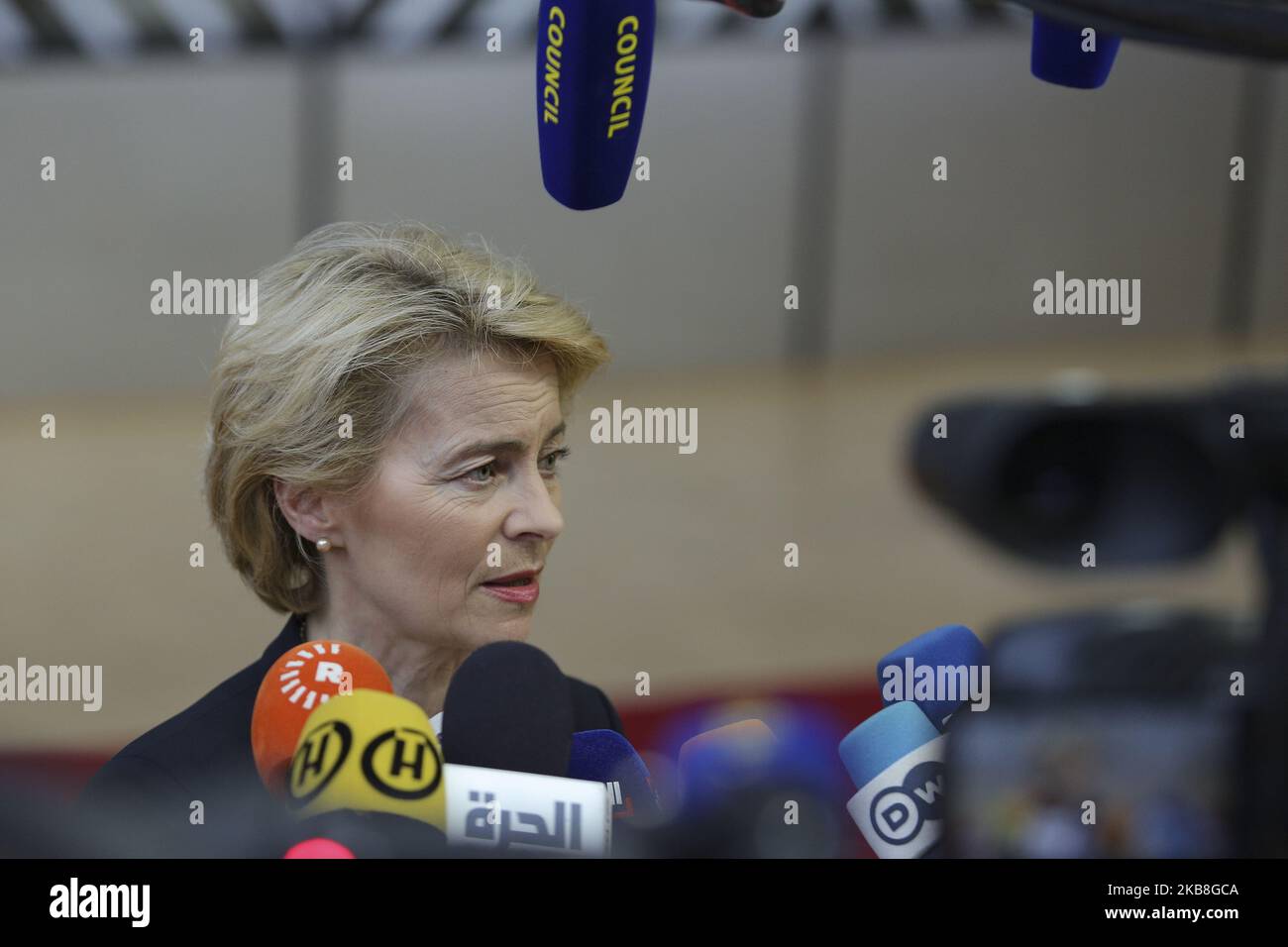 Ursula von der Leyen, the German Persident-elect of the European Council at the European Council summit with the leaders of the EU having a media statement briefing for the special European Council and Article 50 for Brexit on October 17, 2019. (Photo by Nicolas Economou/NurPhoto) Stock Photo