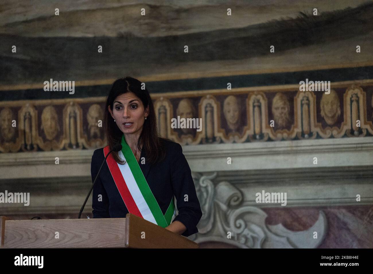 Mayor of Rome, Virgina Raggi, speaks at the meeting Smart City, Urban Forests and Water Protection at the Capitoline Museums in Rome, on October 17, 2019 in Rome, Italy. (Photo by Andrea Ronchini/NurPhoto) Stock Photo