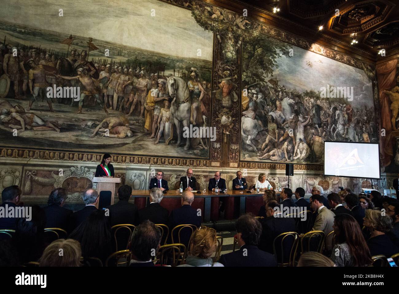 Prince Albert II of Monaco and Mayor of Rome, Virgina Raggi, attend the meeting Smart City, Urban Forests and Water Protection at the Capitoline Museums in Rome, on October 17, 2019 in Rome, Italy. (Photo by Andrea Ronchini/NurPhoto) Stock Photo