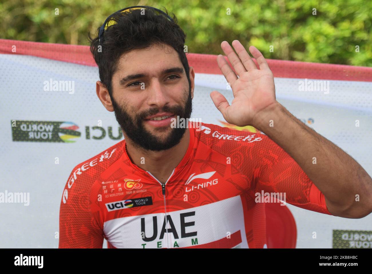 fernando gaviria of colombia and uae team emirates during the awards ceremony of the opening stage of the cycling tour de guangxi 2019 on thursday october 17 2019 in beihai guangxi region china photo by artur widaknurphoto 2KB8HBC