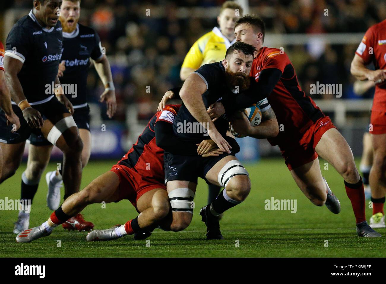 Gary Graham of Newcastle Falcons is tackled during the Greene King IPA Championship match between Newcastle Falcons and Hartpury College at Kingston Park, Newcastle on Friday 18th October 2019. (Photo by Chris Lishman/MI News/NurPhoto) Stock Photo