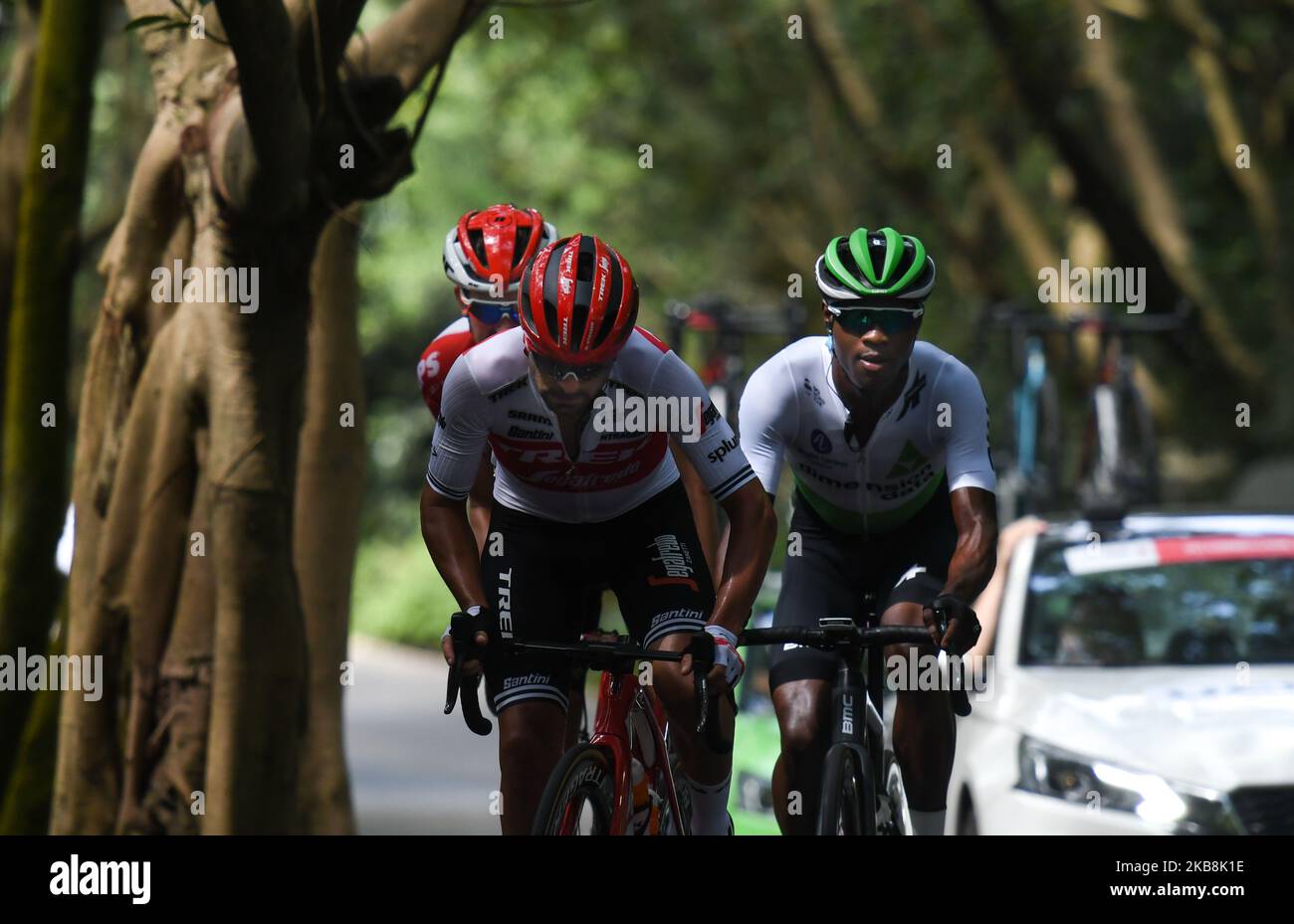 A breakaway of three riders (L-R) Brian van Goethem of Netherlands and Lotto Soudal, Jacopo Mosca of Italy and Trek - Segafredo, and Nic Dlamini of South Africa and Team Dimension Data, during the third stage, 143km Nanning Circuit Race stage, of the 3rd edition of the Cycling Tour de Guangxi 2019, . On Saturday, October 19, 2019, in Nanning, Guangxi Region, China. (Photo by Artur Widak/NurPhoto) Stock Photo
