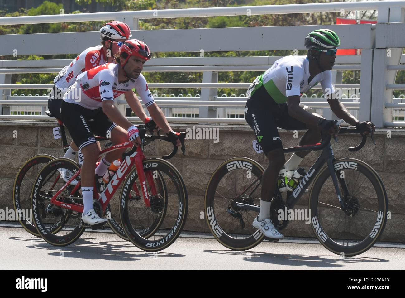 A breakaway of three riders (R-L) Nic Dlamini of South Africa and Team Dimension Data, Jacopo Mosca of Italy and Trek - Segafredo, and Brian van Goethem of Netherlands and Lotto Soudal,during the third stage, 143km Nanning Circuit Race stage, of the 3rd edition of the Cycling Tour de Guangxi 2019, . On Saturday, October 19, 2019, in Nanning, Guangxi Region, China. (Photo by Artur Widak/NurPhoto) Stock Photo