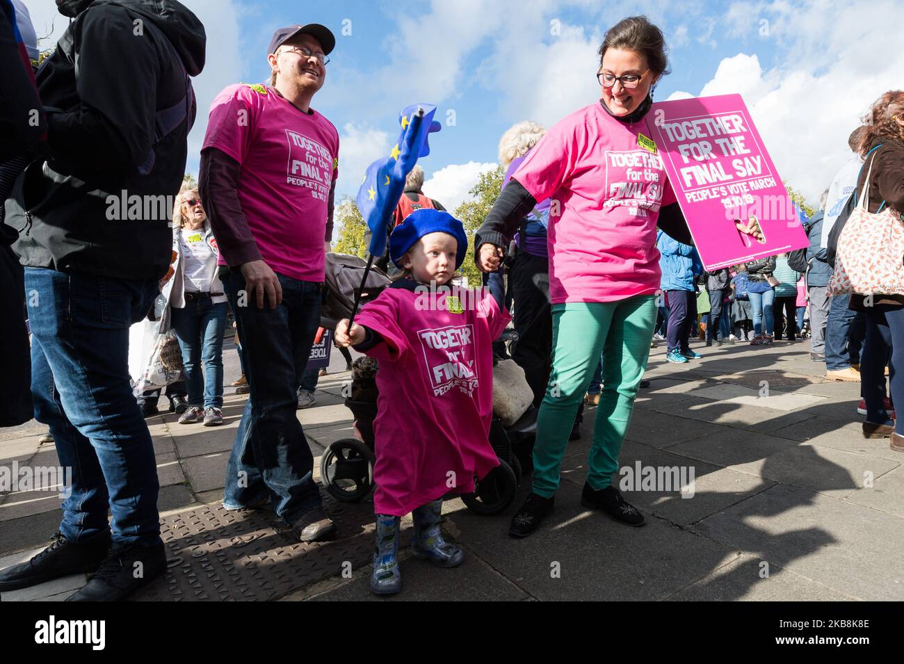 A child walks with her parents as they gather ahead of 'Together for the Final Say' march through central London to demand a public vote on the outcome of Brexit on 19 October, 2019 in London, England. The demonstration coincides with an emergency Saturday session of Parliament where MPs will debate and vote on Prime Minister's EU withdrawal deal including selected amendments. (Photo by WIktor Szymanowicz/NurPhoto) Stock Photo