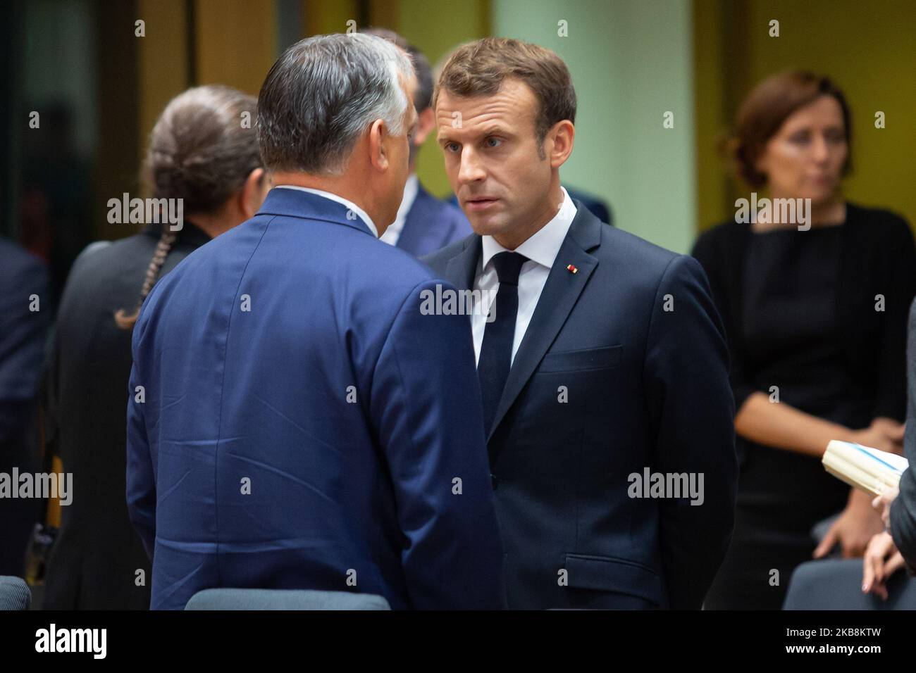 President of France, Emmanuel Macron. European leaders talk ahead of round table talks at the second day of EU leaders summit without the British PM Boris Johnson on October 18, 2019, in Brussels, Belgium. EU and UK negotiators announced an agreement on the United Kingdom's departure from the European Union, Brexit. (Photo by Nicolas Economou/NurPhoto) Stock Photo