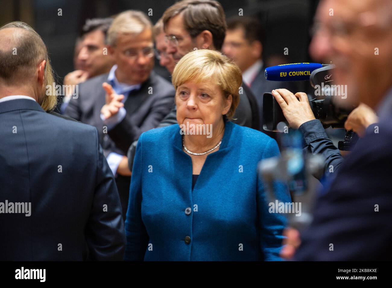 Angela Merkel Chancellor of Germany. European leaders talk ahead of round table talks at the second day of EU leaders summit without the British PM Boris Johnson on October 18, 2019, in Brussels, Belgium. EU and UK negotiators announced an agreement on the United Kingdom's departure from the European Union, Brexit. (Photo by Nicolas Economou/NurPhoto) Stock Photo