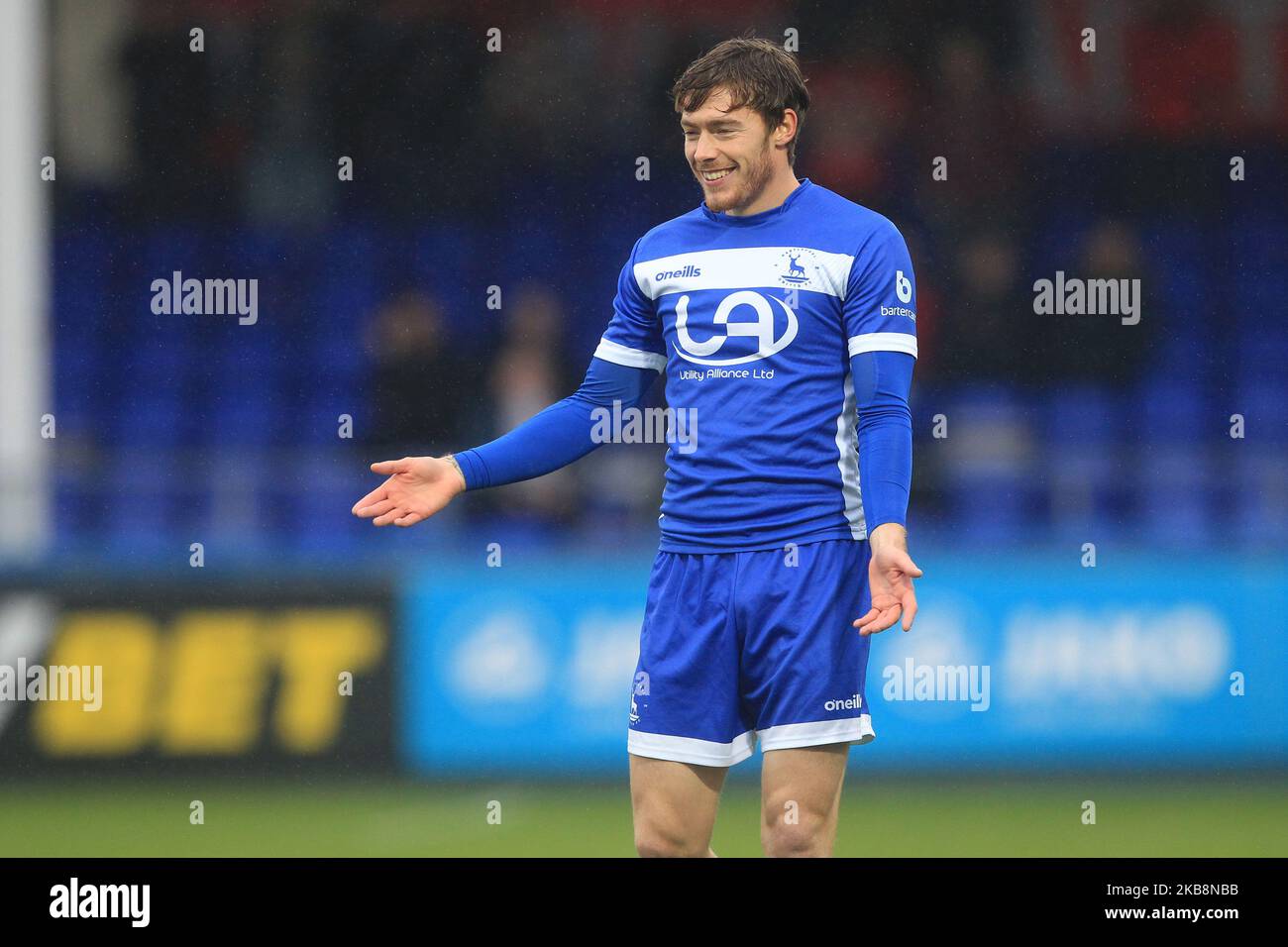 Luke James of Hartlepool United during the FA Cup match between Hartlepool United and Brackley Town at Victoria Park, Hartlepool on Saturday 19th October 2019. (Photo by Mark Fletcher/MI News/NurPhoto) Stock Photo