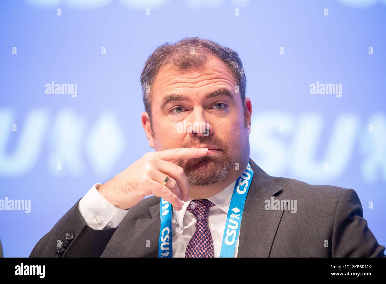 Florian Hahn at the party congress of the Christian Social Union on 19. October 2019 in the Munich Olympic Hall. The party will vote a new board. (Photo by Alexander Pohl/NurPhoto) Stock Photo