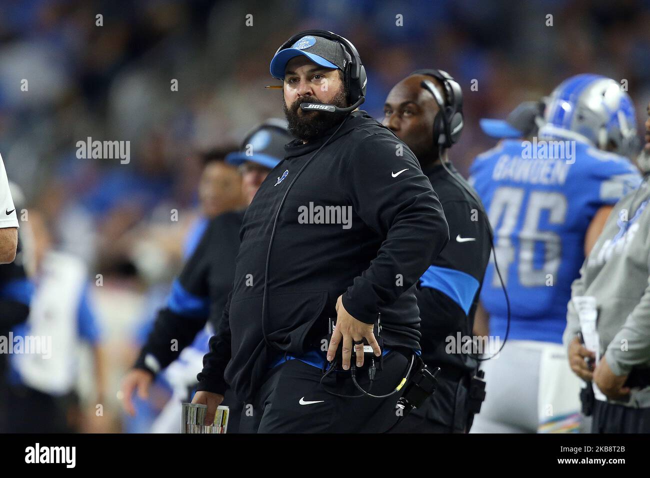 Detroit Lions head coach Matt Patricia looks onto the field during the first half of an NFL football game against the Minnesota Vikings in Detroit, Michigan USA, on Sunday, October 20, 2019. (Photo by Amy Lemus/NurPhoto) Stock Photo