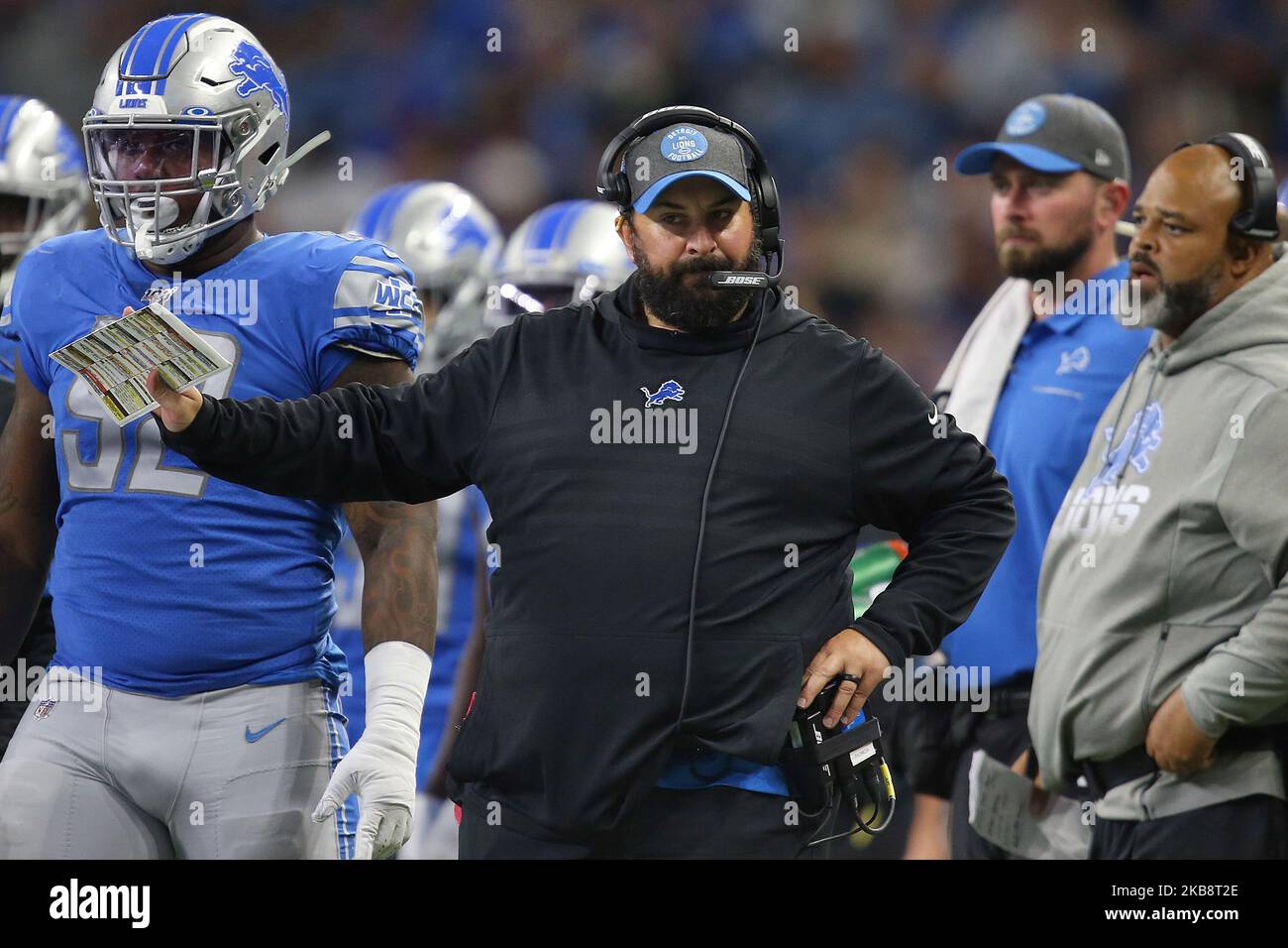 Detroit Lions head coach Matt Patricia reacts after a play during the first half of an NFL football game against the Minnesota Vikings in Detroit, Michigan USA, on Sunday, October 20, 2019. (Photo by Amy Lemus/NurPhoto) Stock Photo